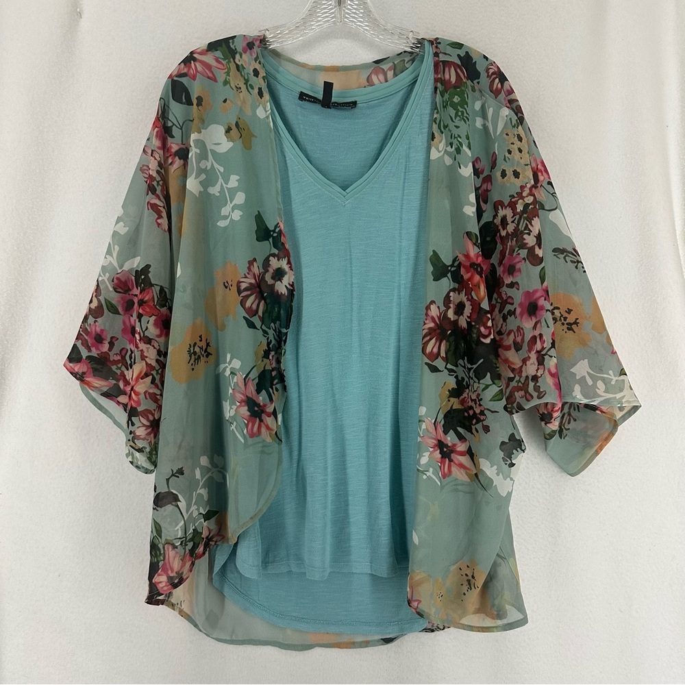 White House Black Market Floral Sheer Cardigan V Neck Blouse XS Blue
